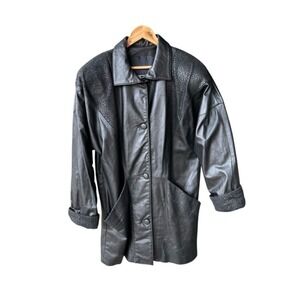 Comint Vintage Black Leather Jacket Coat Textured Yoke 90s Grunge Womens Large
